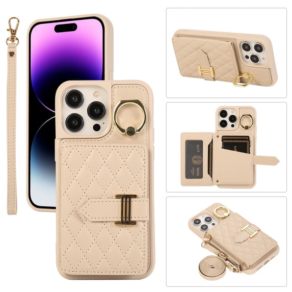 Case for iPhone 16 Pro, Detachable Crossbody Strap & Lanyard Wallet Case with Card Slots, 360° Stand Ring Kickstand Flip PU Leather Protective Cover for iPhone 16 Pro, Beige
