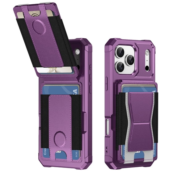 Case for iPhone 16 Pro Flip Back Card Slots with Elastic Side, Kickstand Hybrid Shockproof Protective Ultra Slim Anti-Scratch Drop Protection Phone Case for iPhone 16 Pro, Purple
