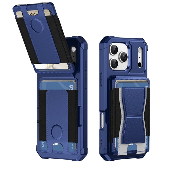 Case for iPhone 16 Pro Flip Back Card Slots with Elastic Side, Kickstand Hybrid Shockproof Protective Ultra Slim Anti-Scratch Drop Protection Phone Case for iPhone 16 Pro, Darkblue