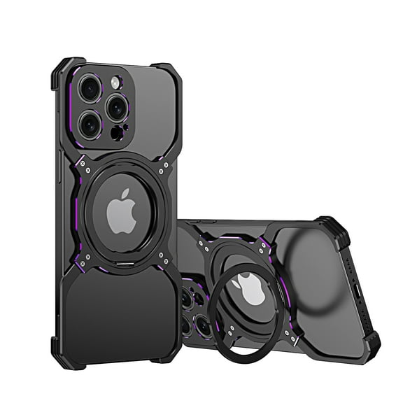 Case for iPhone 16 Pro Frameless, with Magnetic Kickstand 360° Rotatable, Bezel Less Metal Slim Hard Ultra Thin for iPhone 16 Pro Case with Ring Holder Magnetic Stand for Men, Black+Purple