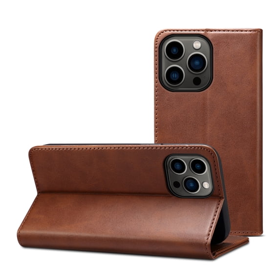 Case for iPhone 16 Pro, Leather Wallet Case with Kickstand RFID Blocking Credit Card Holder Magnetic Closure Shockproof Case Compatible with iPhone 16 Pro, Brown