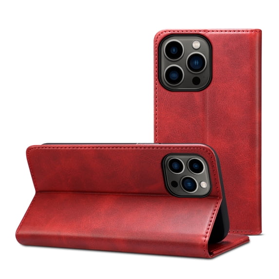 Case for iPhone 16 Pro, Leather Wallet Case with Kickstand RFID Blocking Credit Card Holder Magnetic Closure Shockproof Case Compatible with iPhone 16 Pro, Red