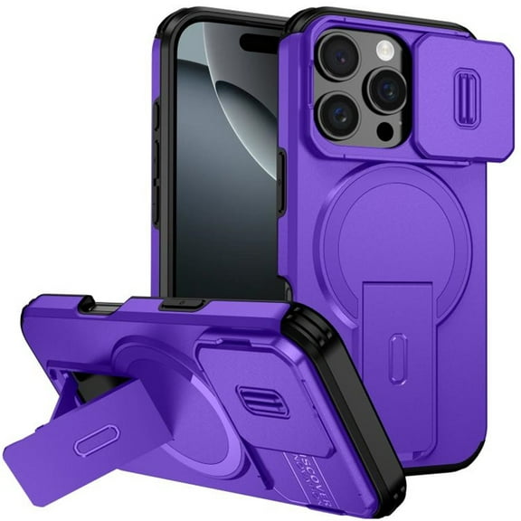 Case for iPhone 16 Pro Max 6.9" with Invisible Fold Holder Stand, Magnetic Wireless Charging,Sliding camera casing,Shockproof Dropproof Tough Rugged Protective Case Cover,Purple,For iPhone 16 Pro Max