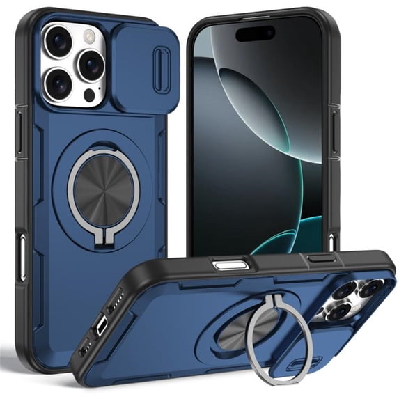 Case for iPhone 16 Pro Max 6.9-inch, Built In Slide Camera Cover & Rotatable Kickstand 360 ° Sotating Ring Heavy Duty ShockProof Protective Case,Blue,For iPhone 16 Pro Max