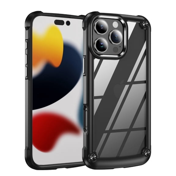 Case for iPhone 16 Pro Max 6.9-inch Four-Corner Airbag Shock-Absorbing Phone Case with Electroplated Alloy Lens Protection, Hard Clear Scratch-Resistant Back Hard Cover Protective Phone Case,Black