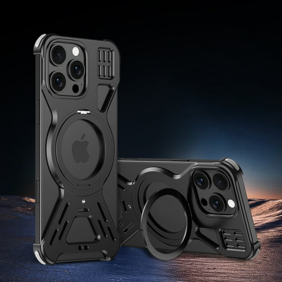 Case for iPhone 16 Pro Max Aluminum Metal Cover with Magnetic Ring 360° Rotating Kickstand - Slim Frameless Design, 4 Corner Drop Protection, Compatible with MagSafe & Adjustable Phone Stand,Black