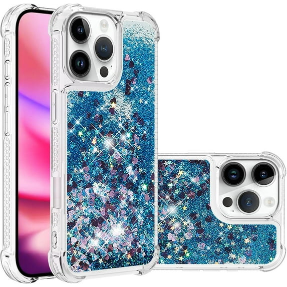 Case for iPhone 16 Pro Max Case Glitter Cute Bling Love Liquid Quicksand Clear Soft TPU Girls Women Stylish Bumper Shockproof Protective Cover for iPhone 16 Pro Max 6.9 inch Blue YB