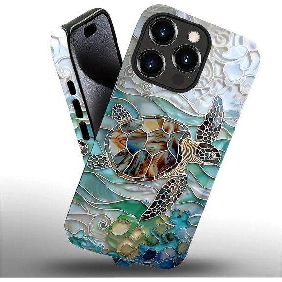Case for iPhone 16 Pro Max Case, Hybrid 2-Layer Silicone Protective Matte Case for Girl Women Stained Glass Sea Turtle Window Art Pattern Case for iPhone 16 Pro Max