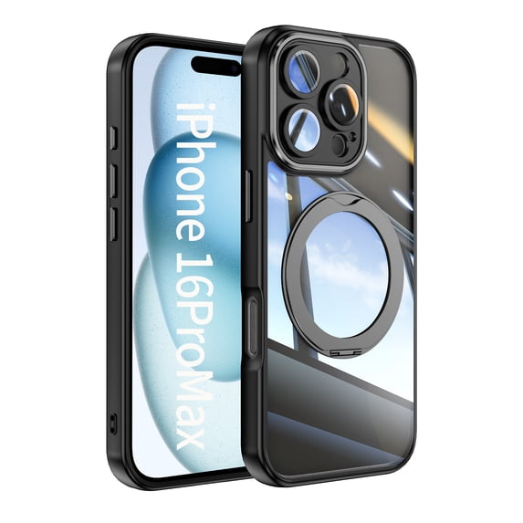 Case for iPhone 16 Pro Max Case Ring Holder Kickstand Built-in Camera Lens Protector Anti-Scratch Shockproof Dustproof Protection Rugged Phone Case Cover for iPhone 16 Pro Max, Black