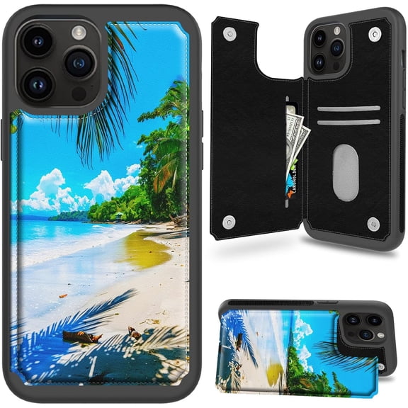 Case for iPhone 16 Pro Max Case Wallet Case with Card Holder, PU Leather Kickstand Double Magnetic Clasp Shockproof Cover Case for iPhone 16 Pro Max 6.9" 2024, Beach Coconut