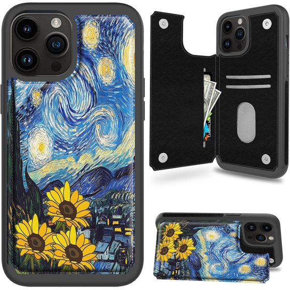 Case for iPhone 16 Pro Max Case Wallet Case with Card Holder, PU Leather Kickstand Double Magnetic Clasp Shockproof Cover Case for iPhone 16 Pro Max 6.9" 2024, Starry Night Sunflowers