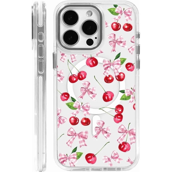 Case for iPhone 16 Pro Max - Cherry Bowknot Design On Clear Base, Compatible with MagSafe, Slim Protective Soft TPU Bumper, Magnetic Phone Cover Case for Women Girls Case for iPhone 16 Pro Max White