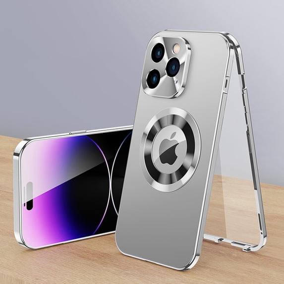Case for iPhone 16 Pro Max, Compatible with Magsafe 360 Degree Full Body Protection Case Magnetic Attraction Metal Bumper + Front Glass + PC Back Cover for iPhone 16 Pro Max - Silver