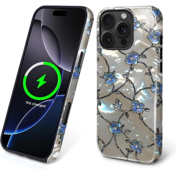 Case for iPhone 16 Pro Max, Compatible With Magsafe PC Hard Shell & Silicone Inner Bumper Anti-Scratch Full-Body Cover Shockproof Slim Design Pretty Wildflowers Abalone Mother Of Pearl