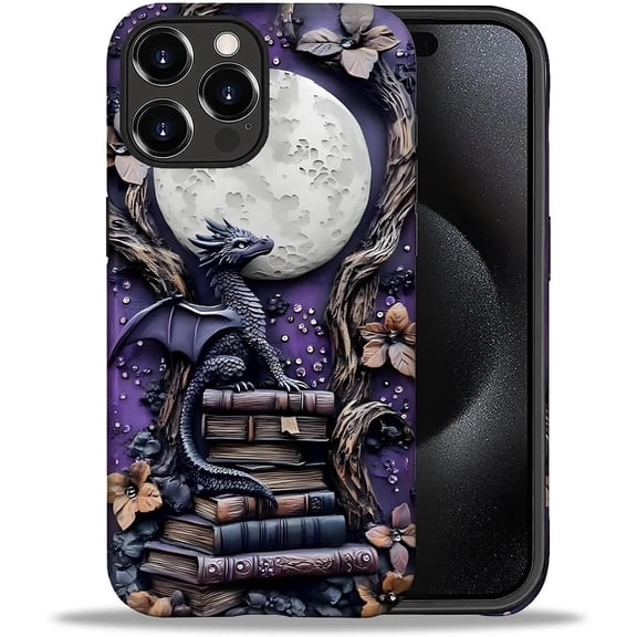 Case for iPhone 16 Pro Max, Durable Drop Protection Shockproof Silicone Hard PC 2 in 1 Hybrid Protective Cover with Stylish Pattern Design Purple Dragon Bookish Lover