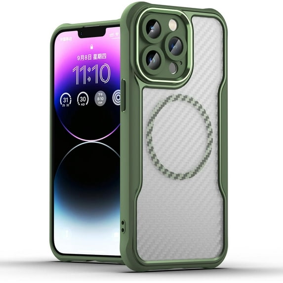 Case for iPhone 16 Pro Max,Full-Body Rugged Carbon Fibre Protective Clear Back Hybrid Magnetic with Wireless Charge Shockproof Protector Phone Case for iPhone 16 Pro Max,6.9 inch 2024 (Green)