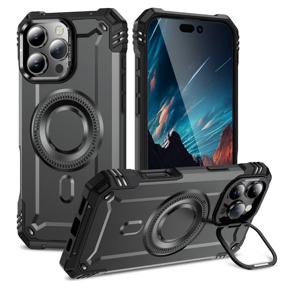 Case for iPhone 16 Pro Max for Men Women, Compatible with Magsafe, Rugged Camera Frame Bracket Shockproof Air Cushions Luxury Armor Support Magnetic Car Mount Cover for iPhone 16 Pro Max, Gray