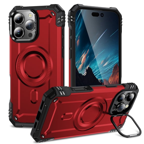 Case for iPhone 16 Pro Max for Men Women, Compatible with Magsafe, Rugged Camera Frame Bracket Shockproof Air Cushions Luxury Armor Support Magnetic Car Mount Cover for iPhone 16 Pro Max, Red