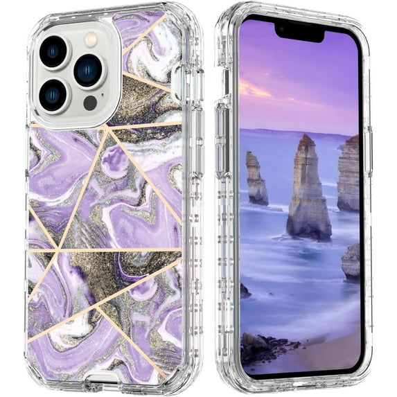 Case For iPhone 16 Pro Max,Plating Marble Military Grade Rugged Heavy Duty Full Body 3 in 1 TPU+PC Portection Shockproof Protective Phone Case For iPhone 16 Pro Max,6.9 inch 2024 (Grid Purple)