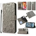 thumbnail image 1 of Case for iPhone 16 Pro Max, Premium Leather Magnetic Closure Slim Flip Wallet Phone Case with Card Holder Cash Slot Stand Function Embossed Flower Shockproof Lanyard Cover - Gray, 1 of 7
