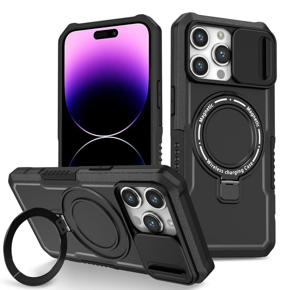 Case for iPhone 16 Pro Max, with Sliding Camera Cover, with Rotating Finger Ring Holder Magnetic Bracket Hybrid Hand Grip Protective Shockproof Phone Case Cover for iPhone 16 Pro Max - Black