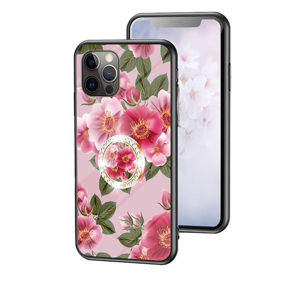 Case for iPhone 16 Pro Max, Tempered Glass Back +TPU Frame, Floral Pattern Diamond Ring Stand Ultra Slim Lightweight Anti-Scratch Back Case Drop Protective Support Magnetic Car Mount - Red