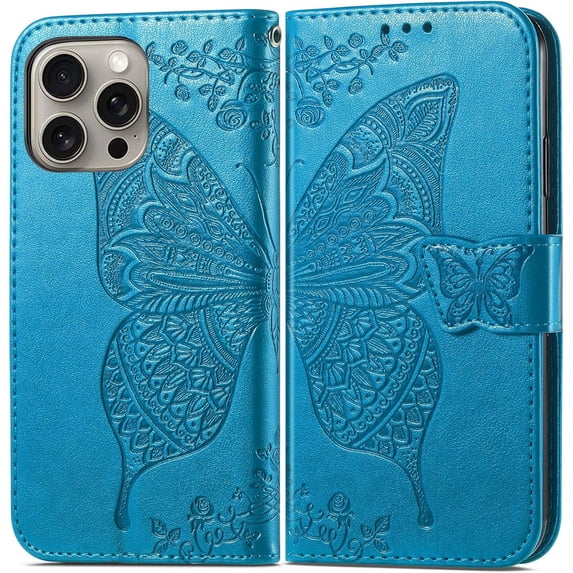 Case for iPhone 16 Pro Max Wallet Case for Women, Leather Flip Phone Case with Kickstand Magnetic and Card Holder Protective Case Cover for iPhone 16 Pro Max 6.9 inch Butterfly Blue SD