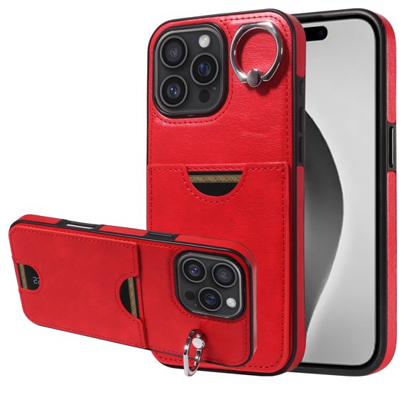 Case for iPhone 16 Pro Max Wallet with Credit Card Holder & Finger Ring Kickstand, Premium PU Leather Slim Cover Shockproof Scratch Resistant Full Protection Phone Case for iPhone 16 Pro Max, Red