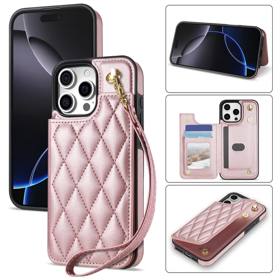 Case for iPhone 16 Pro Max with Wrist Strap, PU Leather Kickstand Magnetic Closure Card Slots Flip Back Case Elegant Shockproof Cover Girls Women for iPhone 16 Pro Max, Rosegold