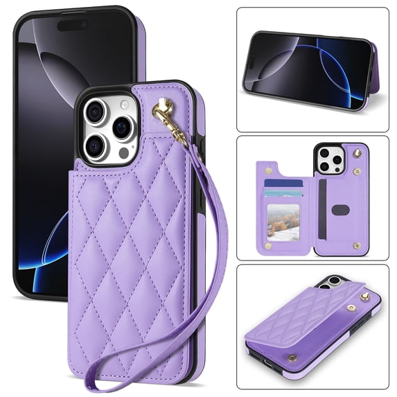 Case for iPhone 16 Pro Max with Wrist Strap, PU Leather Kickstand Magnetic Closure Card Slots Flip Back Case Elegant Shockproof Cover Girls Women for iPhone 16 Pro Max, Purple