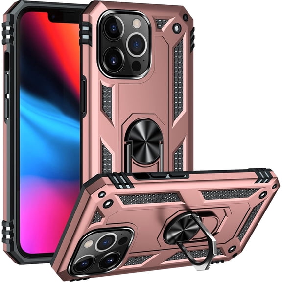 Case for iPhone 16 Pro,Military Car Holder [Built-in Kickstand] Metal Ring Dual-Layer Heavy Duty TPU+PC Shockproof Protection Phone Case for iPhone 16 Pro,6.3 Inch 2024 (Rose Gold)