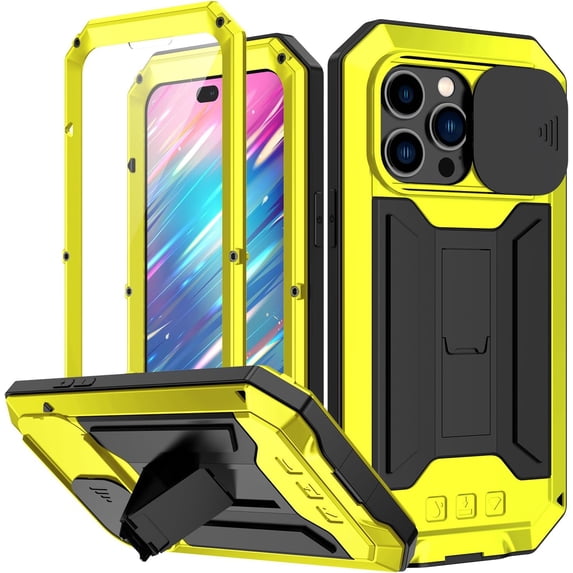 Case for iPhone 16 Pro,Military Grade 3 in 1 Metal Full-Body Rugged Stylish Kickstand Protective Case with Built-in Screen Protector Phone Case for iPhone 16 Pro,6.3 inch 2024 (Yellow)