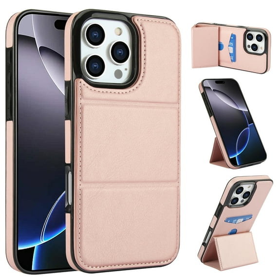 Case for iPhone 16 Pro, PU Leather + Soft TPU, Luxury Kickstand Card Slots Back Case Magnetic Ultra Slim Protective Shockproof Phone Cover for iPhone 16 Pro, Rosegold