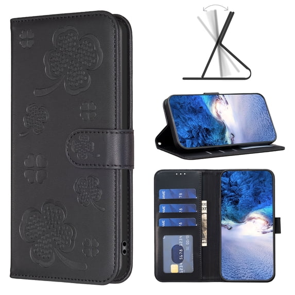 Case for iPhone 16 Pro Wallet Case for Women Girls, Card Holder Flip Phone Cover Embossed Clover Flower PU Leather Magnetic Closure Kickstand Compatible with iPhone 16 Pro, Black