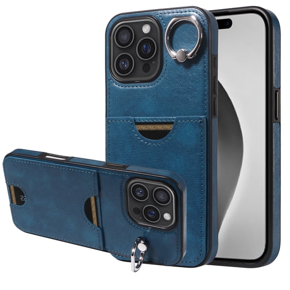Case for iPhone 16 Pro Wallet with Credit Card Holder & Finger Ring Kickstand, Premium PU Leather Slim Cover Shockproof Scratch Resistant Full Protection Phone Case for iPhone 16 Pro, Blue