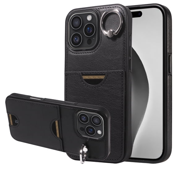Case for iPhone 16 Pro Wallet with Credit Card Holder & Finger Ring Kickstand, Premium PU Leather Slim Cover Shockproof Scratch Resistant Full Protection Phone Case for iPhone 16 Pro, Black