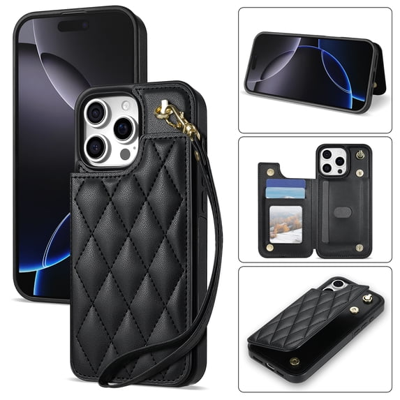 Case for iPhone 16 Pro with Wrist Strap, PU Leather Kickstand Magnetic Closure Card Slots Flip Back Case Elegant Shockproof Cover Girls Women for iPhone 16 Pro, Black