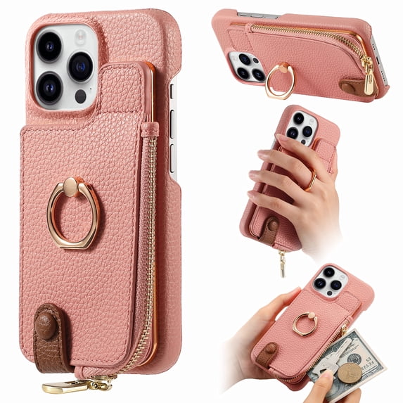 Case for iPhone 16 Pro Zipper Wallet Case, PU Leather Case with Card Holder, Ring Holder Stand, RFID Blocking Magnetic Car Mount Shockproof Protection Phone Cover for iPhone 16 Pro - Pink