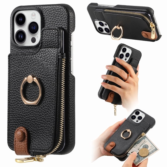 Case for iPhone 16 Pro Zipper Wallet Case, PU Leather Case with Card Holder, Ring Holder Stand, RFID Blocking Magnetic Car Mount Shockproof Protection Phone Cover for iPhone 16 Pro - Black