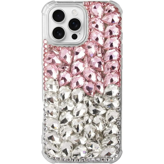 Case for iPhone 16 Pro,iPhone 16 Pro Case,3D Handmade Sparkle Stunning Stones Crystal Diamond Bling Glitter Girls Women Shockproof Phone Case for iPhone 16 Pro,6.3 inch 2024 (Pink/White)
