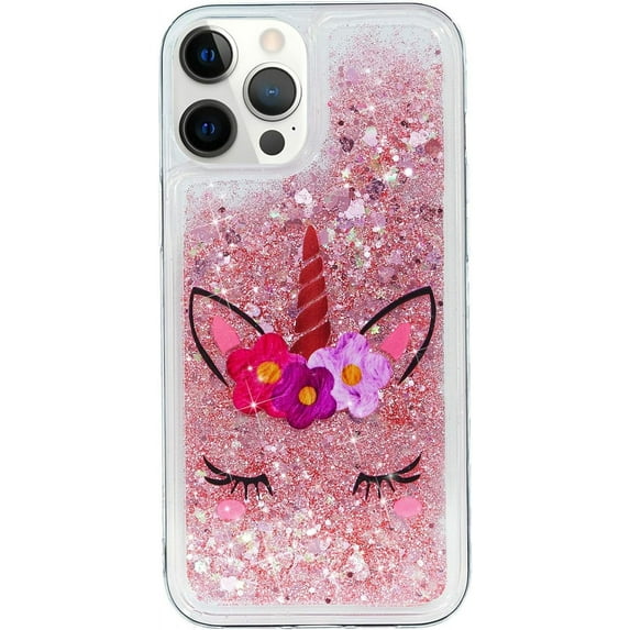 Case for iPhone 16 Pro, iPhone 16 Pro Case Cute Pink Glitter Luxury Sparkle Liquid for Girls Women Quicksand Clear Soft TPU Protective Cover for iPhone 16 Pro 6.3 inch Wink Unicorn