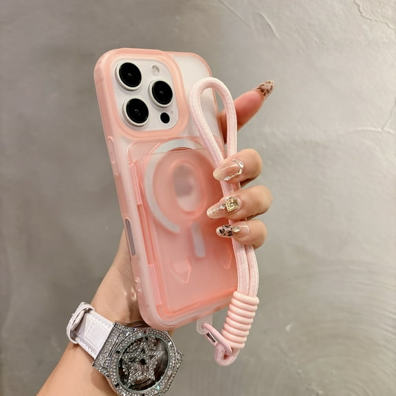 Case for iPhone 16, Semi-Transparent Back Cover with Magnetic Detachable Card Holder, Lanyard Included, Wireless Charging Compatible, TPU+PC, Anti-Yellowing Shockproof Phone Cover, Pink