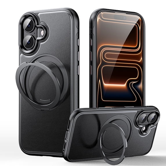 Case for iPhone 16, Soft TPU Bumper Frame + PC Back + Faux Leather, 360° Rotation Ring Kickstand Ultra Slim Shockproof Drop Protective Lightweight Anti-Scratch Phone Cover, Black