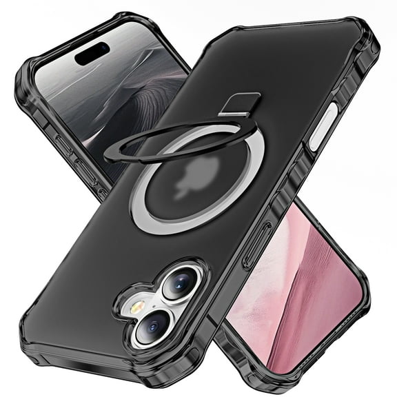 Case for iPhone 16, Wavy Frame Translucent Frosted Protective Cover, Compatible with MagSafe, Ring Kickstand, Anti-Scratch Anti-Fingerprint Shockproof PC + TPU Slim Phone Case, Black