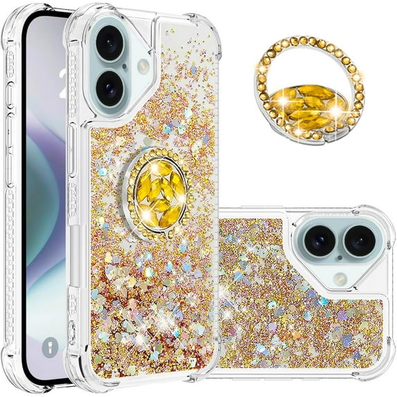 Case for iPhone 16, iPhone 16 Case Glitter with Ring Holder Stand,Clear TPU Cute Love Moving Quicksand Sparkle Shockproof Liquid Phone Case for iPhone 16 6.1 inch Gold YBZ