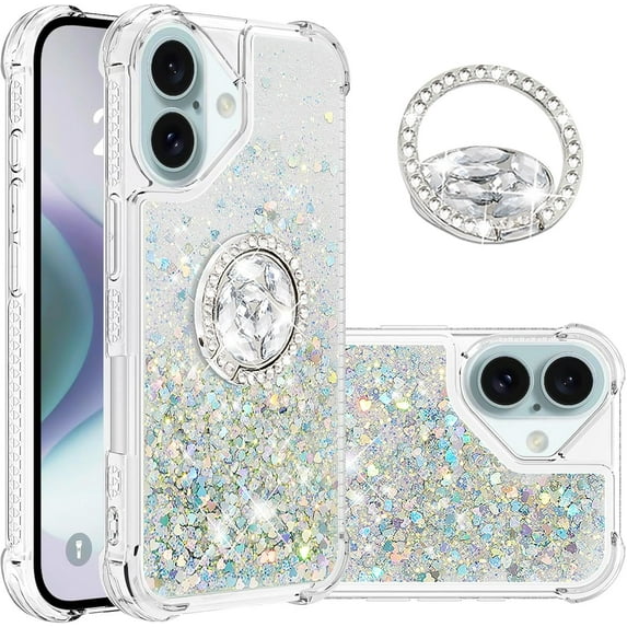 Case for iPhone 16, iPhone 16 Case Glitter with Ring Holder Stand,Clear TPU Cute Love Moving Quicksand Sparkle Shockproof Liquid Phone Case for iPhone 16 6.1 inch Sliver YBZ