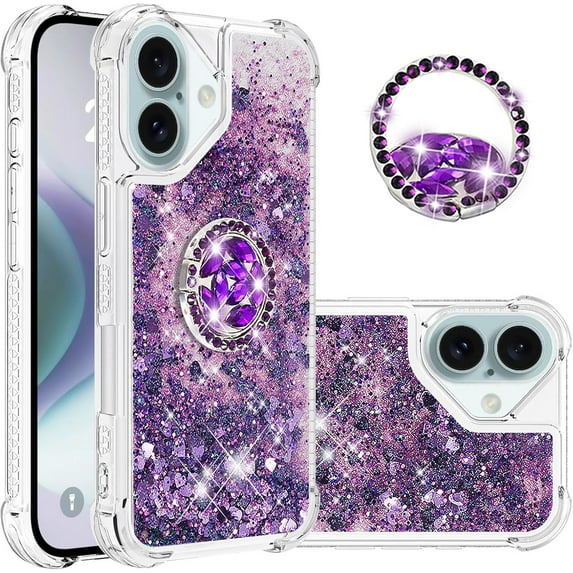 Case for iPhone 16, iPhone 16 Case Glitter with Ring Holder Stand,Clear TPU Cute Love Moving Quicksand Sparkle Shockproof Liquid Phone Case for iPhone 16 6.1 inch Purple YBZ