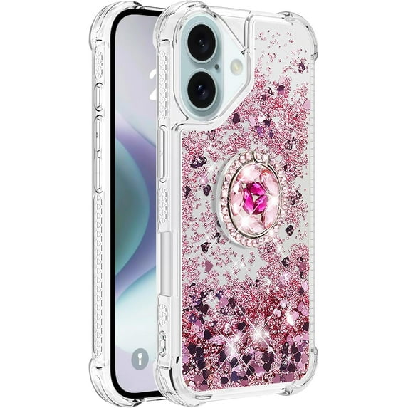 Case for iPhone 16, iPhone 16 Case Glitter with Ring Holder Stand,Clear TPU Cute Love Moving Quicksand Sparkle Shockproof Liquid Phone Case for iPhone 16 6.1 inch Rose Gold YBZ