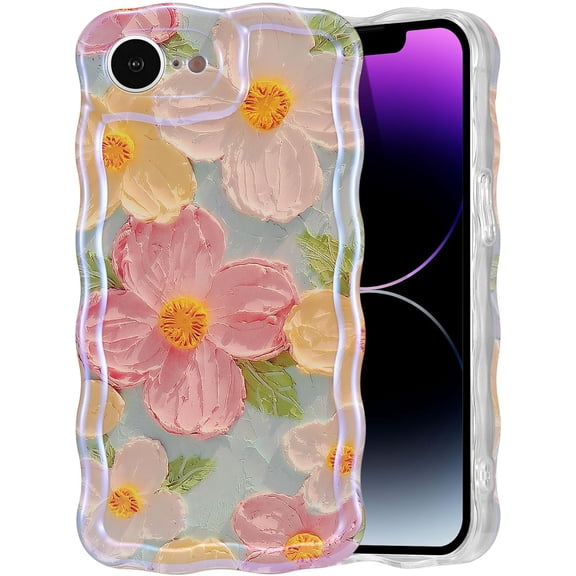 Case for iPhone 16/plus/pro/max/e, Colorful Retro Oil Painting Printed Flower Laser Glossy Pattern Cute Curly Wave Edge Exquisite Phone Cover Stylish Durable TPU Protective Case for Girl Women