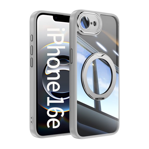 Case for iPhone 16e Case Ring Holder Kickstand Built-in Camera Lens Protector Anti-Scratch Shockproof Dustproof Protection Rugged Phone Case Cover for iPhone 16e, Gray